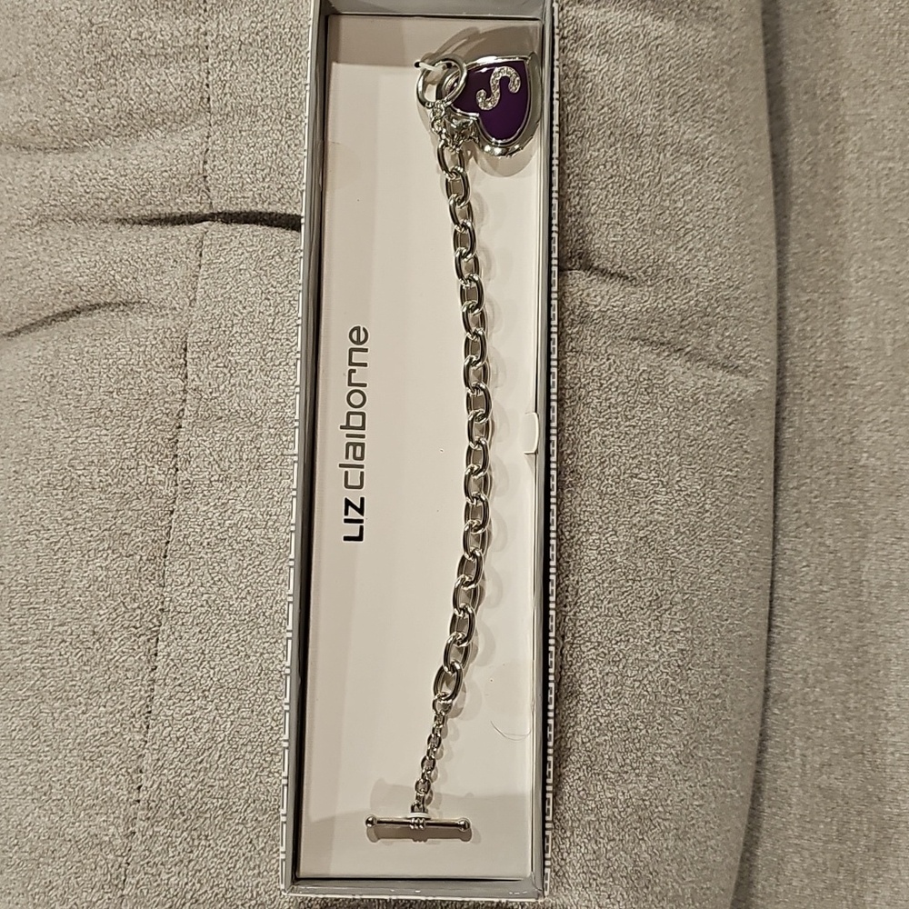 Liz Claiborne "S" Silver and Purple HEART Chain Bracelet Locket